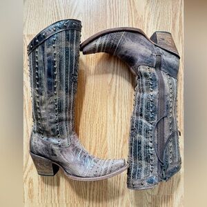 Corral Distressed Brown Crystal Cross Stripes and Studs Tall Boot Size 7M